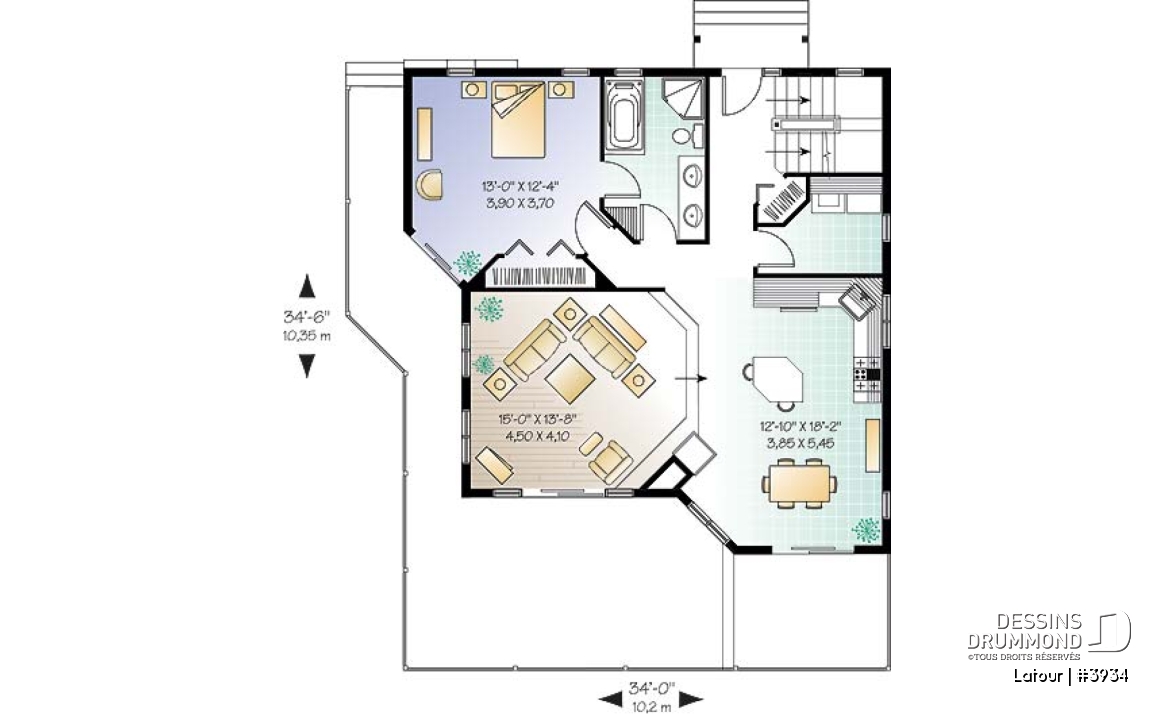 Rez-de-chaussée - Plan de chalet bord de l'eau, 3 chambres, garage, grande terrasse, foyer, plancher aire ouverte - Latour
