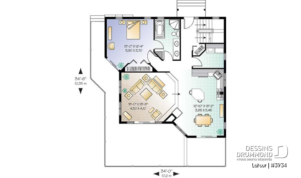 Rez-de-chaussée - Plan de chalet bord de l'eau, 3 chambres, garage, grande terrasse, foyer, plancher aire ouverte - Latour