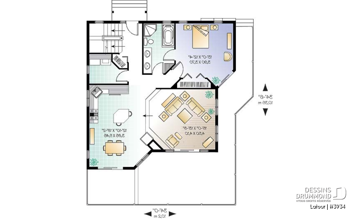 Rez-de-chaussée - Plan de chalet bord de l'eau, 3 chambres, garage, grande terrasse, foyer, plancher aire ouverte - Latour