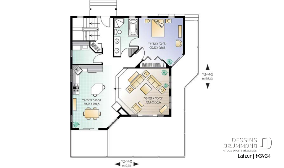 Rez-de-chaussée - Plan de chalet bord de l'eau, 3 chambres, garage, grande terrasse, foyer, plancher aire ouverte - Latour
