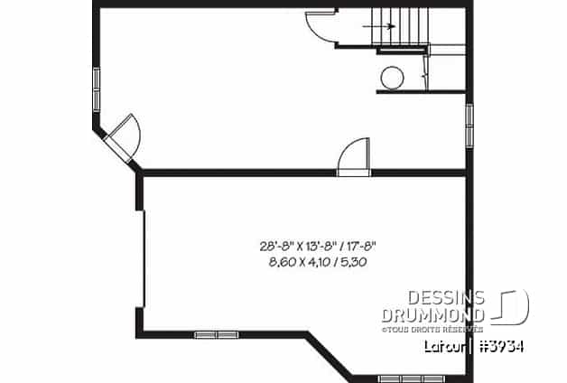 Sous-sol - Plan de chalet bord de l'eau, 3 chambres, garage, grande terrasse, foyer, plancher aire ouverte - Latour