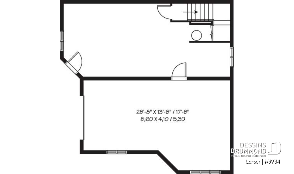 Sous-sol - Plan de chalet bord de l'eau, 3 chambres, garage, grande terrasse, foyer, plancher aire ouverte - Latour