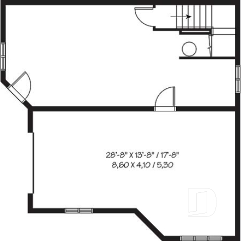 Sous-sol - Plan de chalet bord de l'eau, 3 chambres, garage, grande terrasse, foyer, plancher aire ouverte - Latour