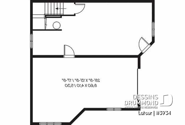 Sous-sol - Plan de chalet bord de l'eau, 3 chambres, garage, grande terrasse, foyer, plancher aire ouverte - Latour