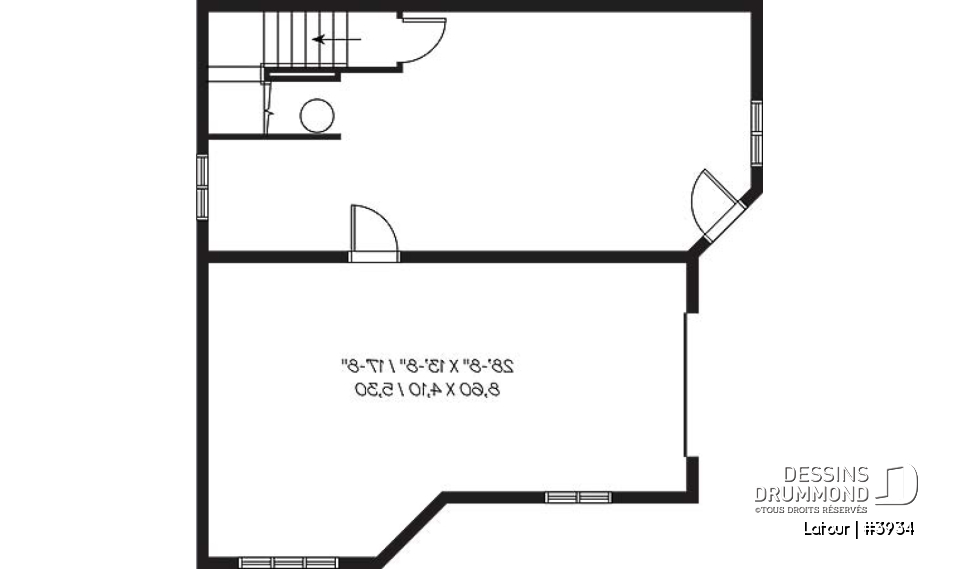 Sous-sol - Plan de chalet bord de l'eau, 3 chambres, garage, grande terrasse, foyer, plancher aire ouverte - Latour