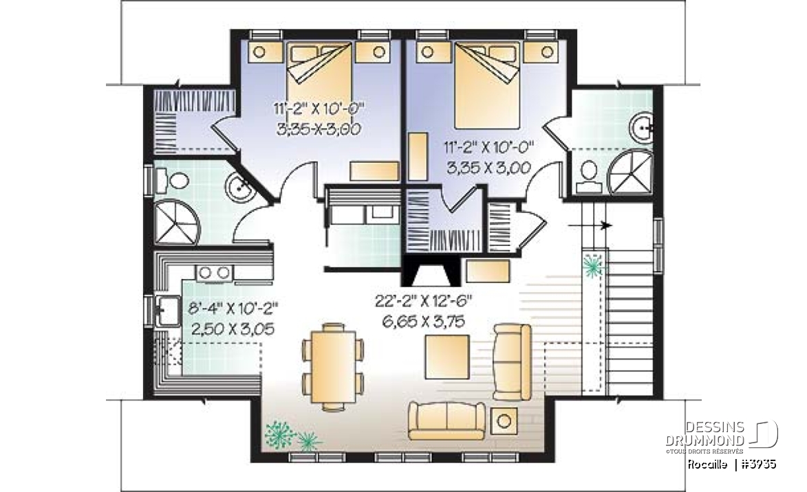 Étage - Plan de garage avec logement 2 chambres, 2 salles de bain, espace ouvert, plafond cathédral, foyer - Rocaille 