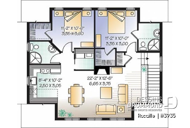 Étage - Plan de garage avec logement 2 chambres, 2 salles de bain, espace ouvert, plafond cathédral, foyer - Rocaille 