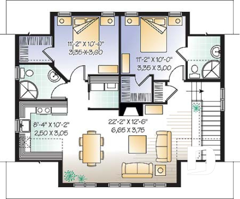Étage - Plan de garage avec logement 2 chambres, 2 salles de bain, espace ouvert, plafond cathédral, foyer - Rocaille 