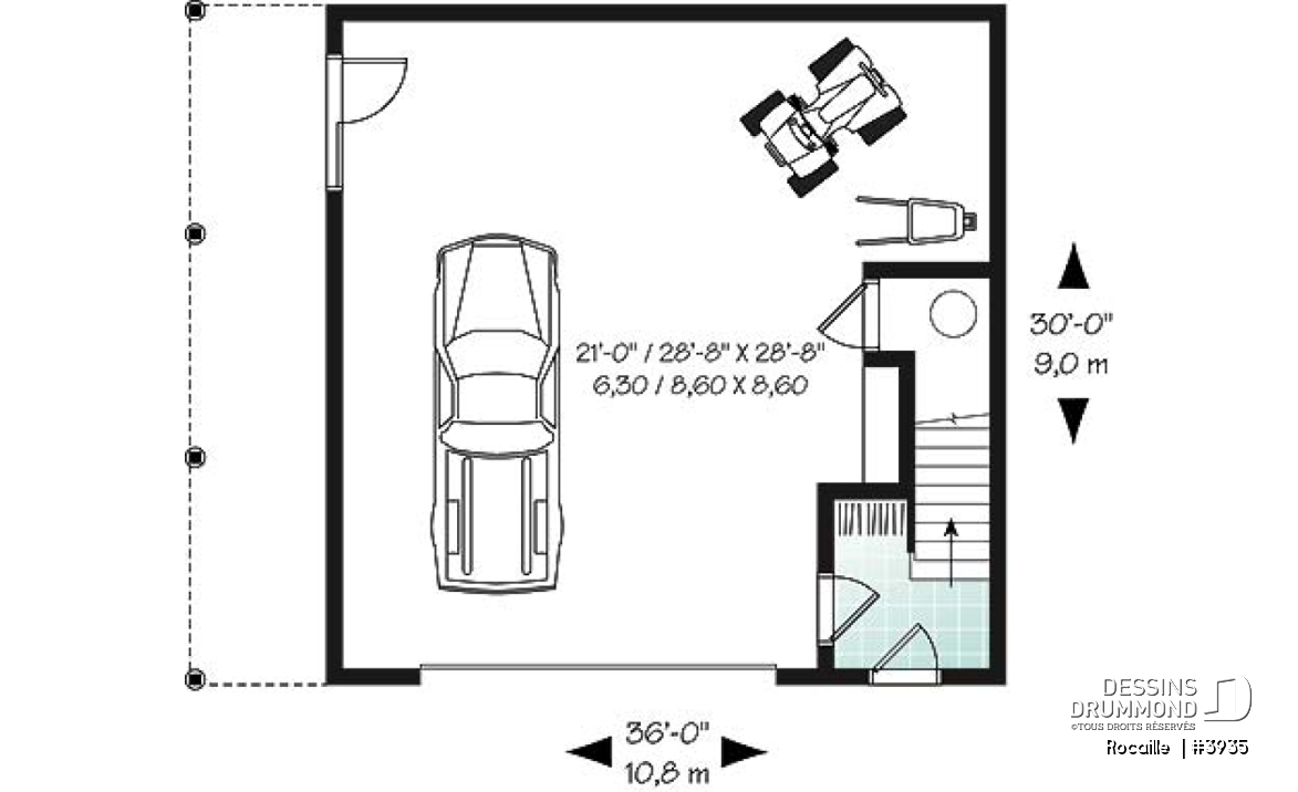 Rez-de-chaussée - Plan de garage avec logement 2 chambres, 2 salles de bain, espace ouvert, plafond cathédral, foyer - Rocaille 