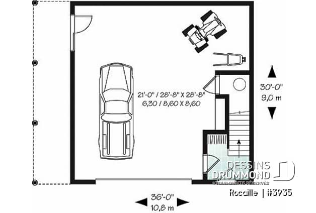 Rez-de-chaussée - Plan de garage avec logement 2 chambres, 2 salles de bain, espace ouvert, plafond cathédral, foyer - Rocaille 