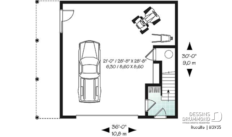 Rez-de-chaussée - Plan de garage avec logement 2 chambres, 2 salles de bain, espace ouvert, plafond cathédral, foyer - Rocaille 