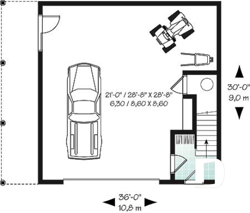 Rez-de-chaussée - Plan de garage avec logement 2 chambres, 2 salles de bain, espace ouvert, plafond cathédral, foyer - Rocaille 