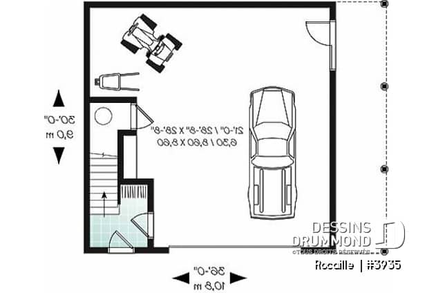 Rez-de-chaussée - Plan de garage avec logement 2 chambres, 2 salles de bain, espace ouvert, plafond cathédral, foyer - Rocaille 