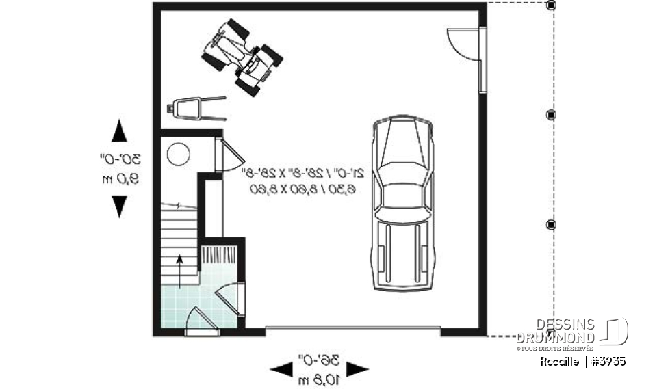 Rez-de-chaussée - Plan de garage avec logement 2 chambres, 2 salles de bain, espace ouvert, plafond cathédral, foyer - Rocaille 