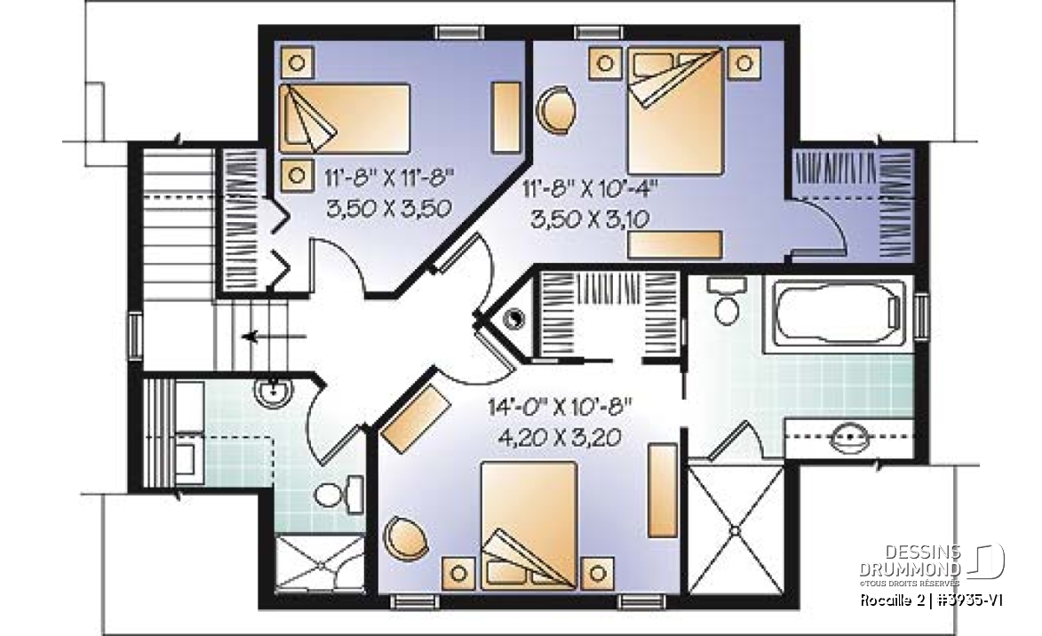 Étage - Plan de maison campagnard, avec garage, suite des maîtres, 3 chambres, 3 salles de bain  - Rocaille 2