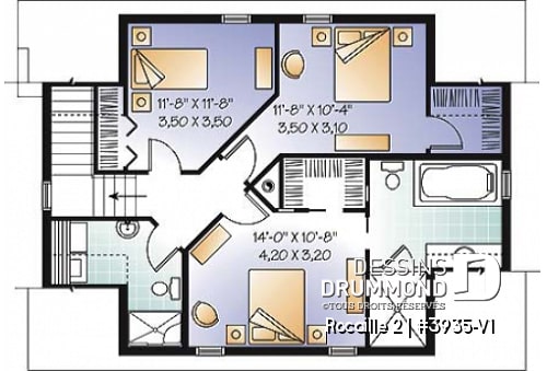 Étage - Plan de maison campagnard, avec garage, suite des maîtres, 3 chambres, 3 salles de bain  - Rocaille 2