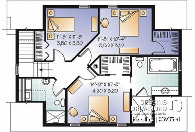 Étage - Plan de maison campagnard, avec garage, suite des maîtres, 3 chambres, 3 salles de bain  - Rocaille 2