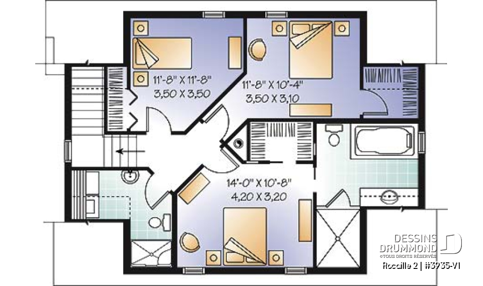 Étage - Plan de maison campagnard, avec garage, suite des maîtres, 3 chambres, 3 salles de bain  - Rocaille 2