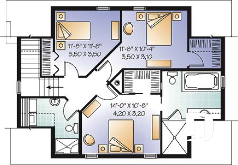 Étage - Plan de maison campagnard, avec garage, suite des maîtres, 3 chambres, 3 salles de bain  - Rocaille 2