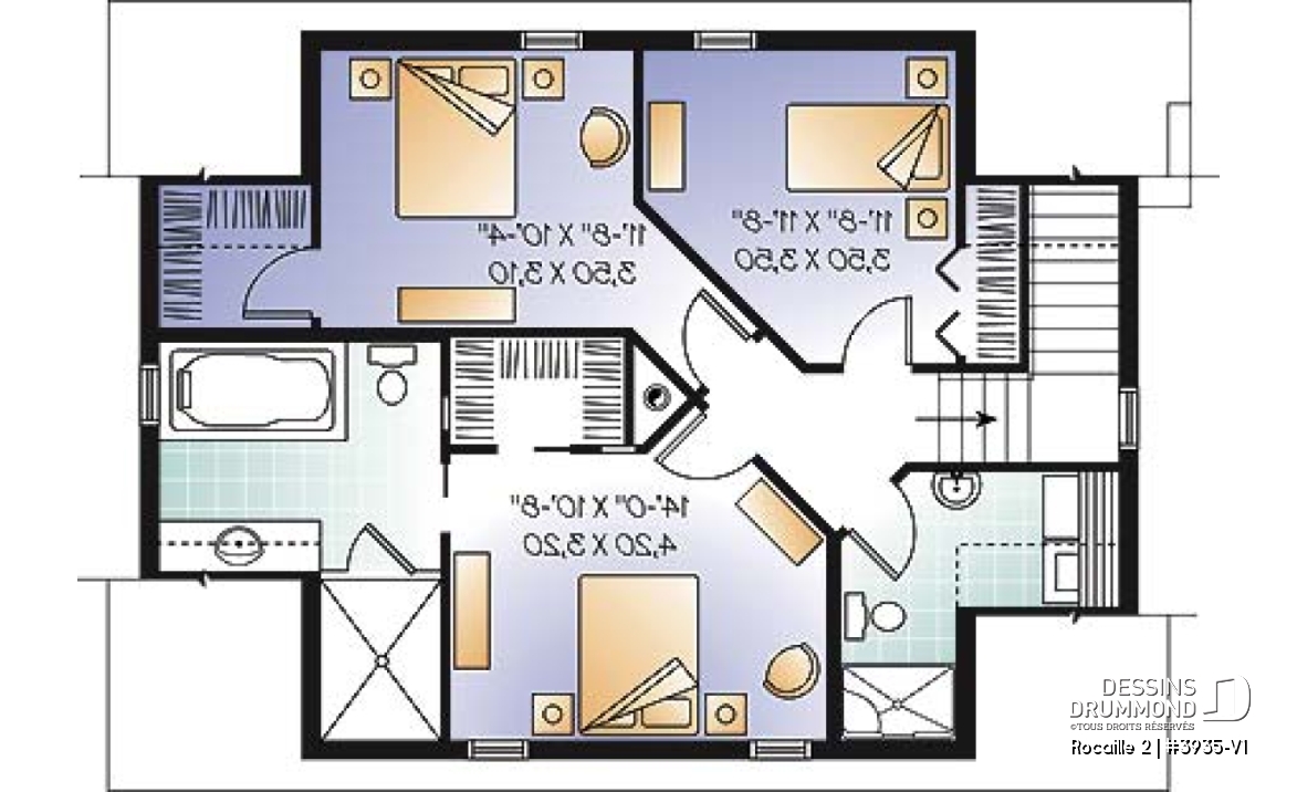 Étage - Plan de maison campagnard, avec garage, suite des maîtres, 3 chambres, 3 salles de bain  - Rocaille 2