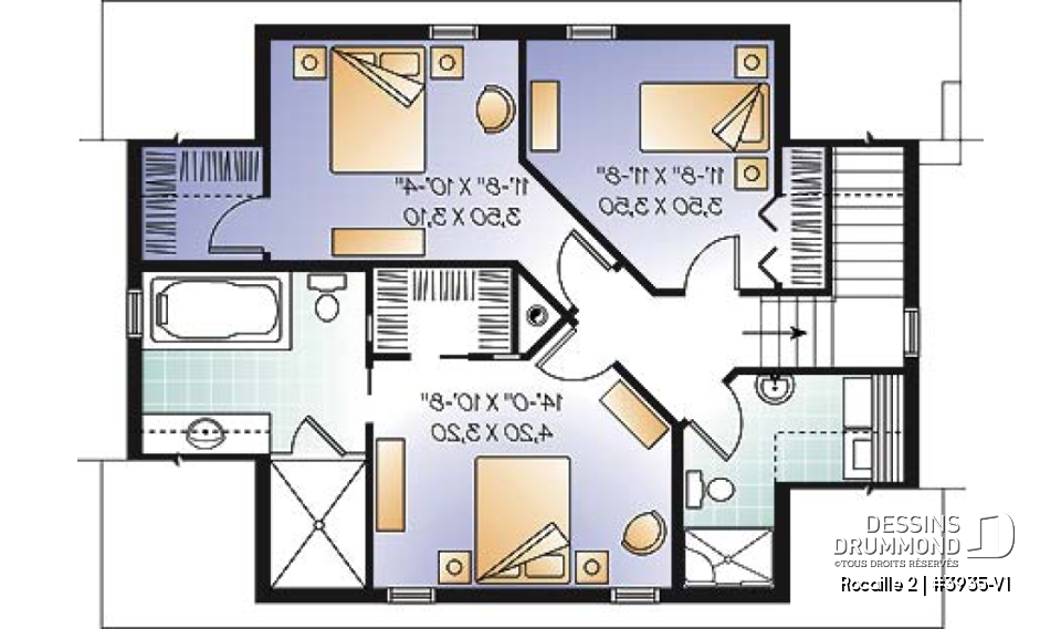 Étage - Plan de maison campagnard, avec garage, suite des maîtres, 3 chambres, 3 salles de bain  - Rocaille 2