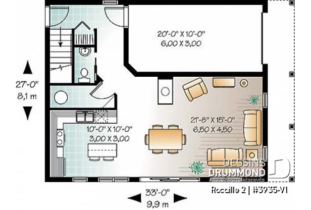 Rez-de-chaussée - Plan de maison campagnard, avec garage, suite des maîtres, 3 chambres, 3 salles de bain  - Rocaille 2