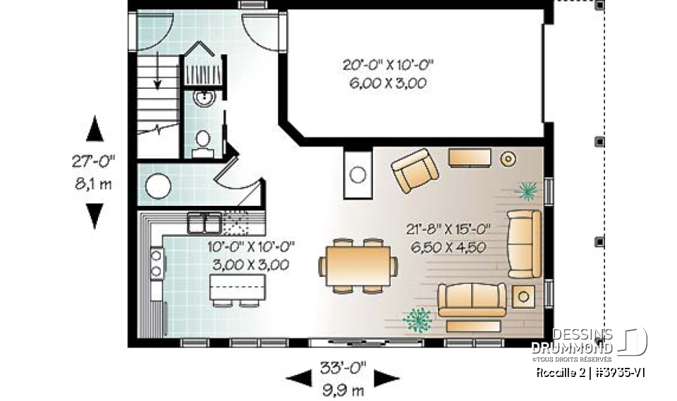 Rez-de-chaussée - Plan de maison campagnard, avec garage, suite des maîtres, 3 chambres, 3 salles de bain  - Rocaille 2