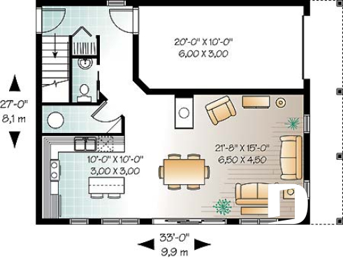 Rez-de-chaussée - Plan de maison campagnard, avec garage, suite des maîtres, 3 chambres, 3 salles de bain  - Rocaille 2