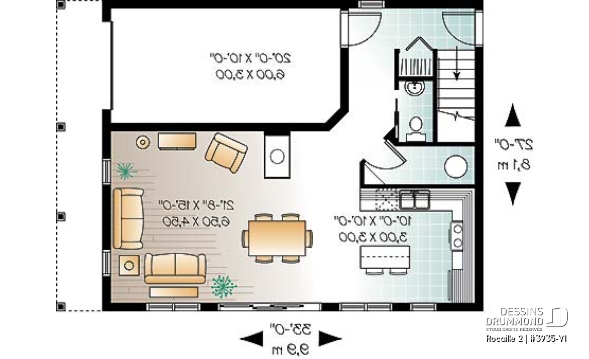Rez-de-chaussée - Plan de maison campagnard, avec garage, suite des maîtres, 3 chambres, 3 salles de bain  - Rocaille 2