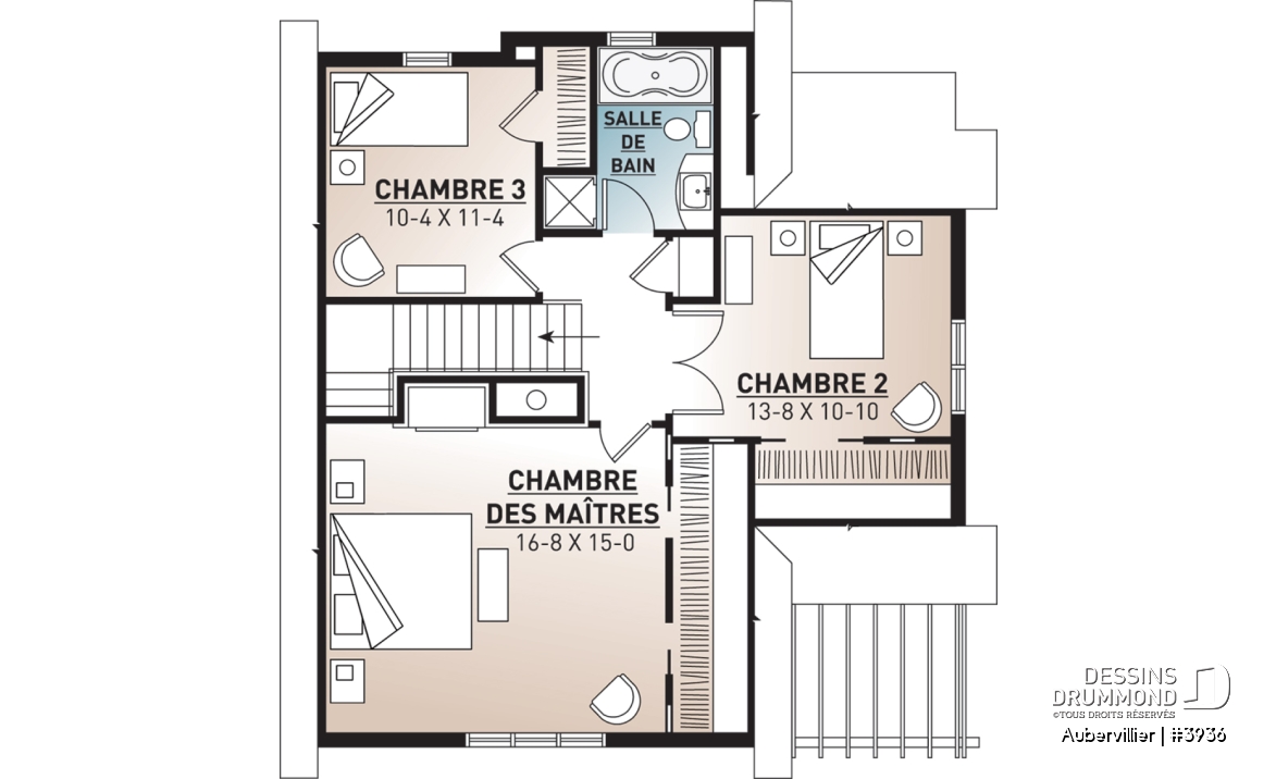 Étage - Plan de maison bord de l'eau, 3 chambres avec espace ouvert offrant une vue panoramique - Aubervillier