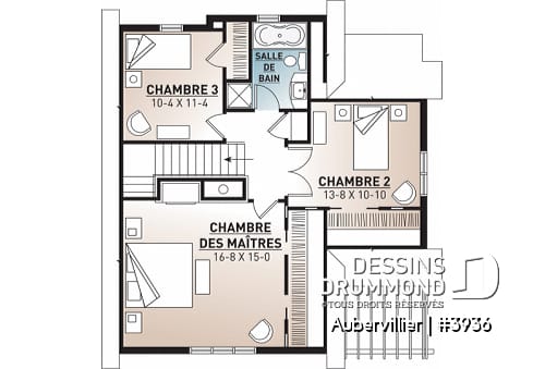 Étage - Plan de maison bord de l'eau, 3 chambres avec espace ouvert offrant une vue panoramique - Aubervillier