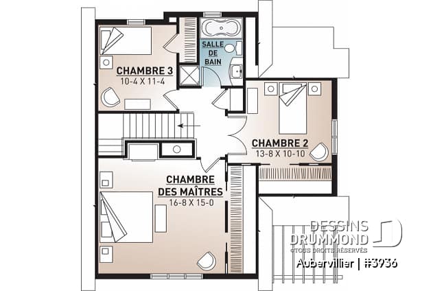 Étage - Plan de maison bord de l'eau, 3 chambres avec espace ouvert offrant une vue panoramique - Aubervillier