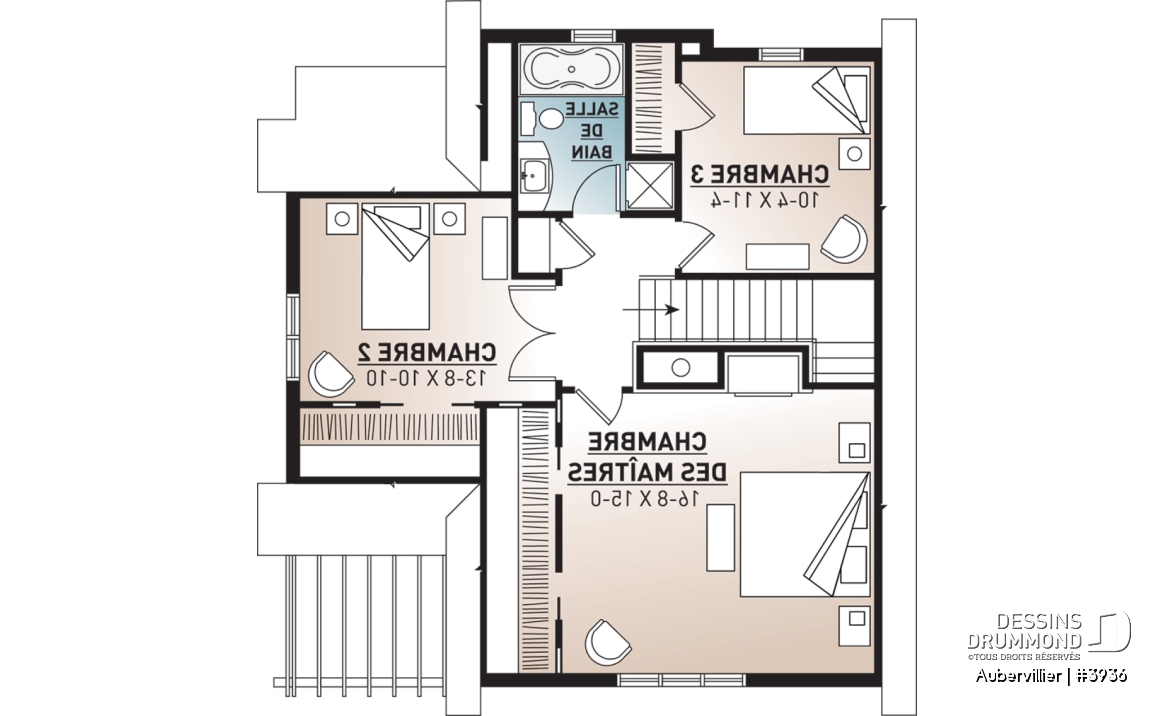 Étage - Plan de maison bord de l'eau, 3 chambres avec espace ouvert offrant une vue panoramique - Aubervillier