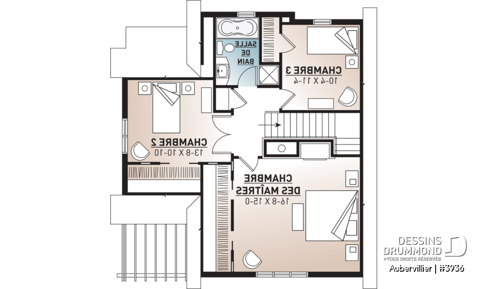 Étage - Plan de maison bord de l'eau, 3 chambres avec espace ouvert offrant une vue panoramique - Aubervillier