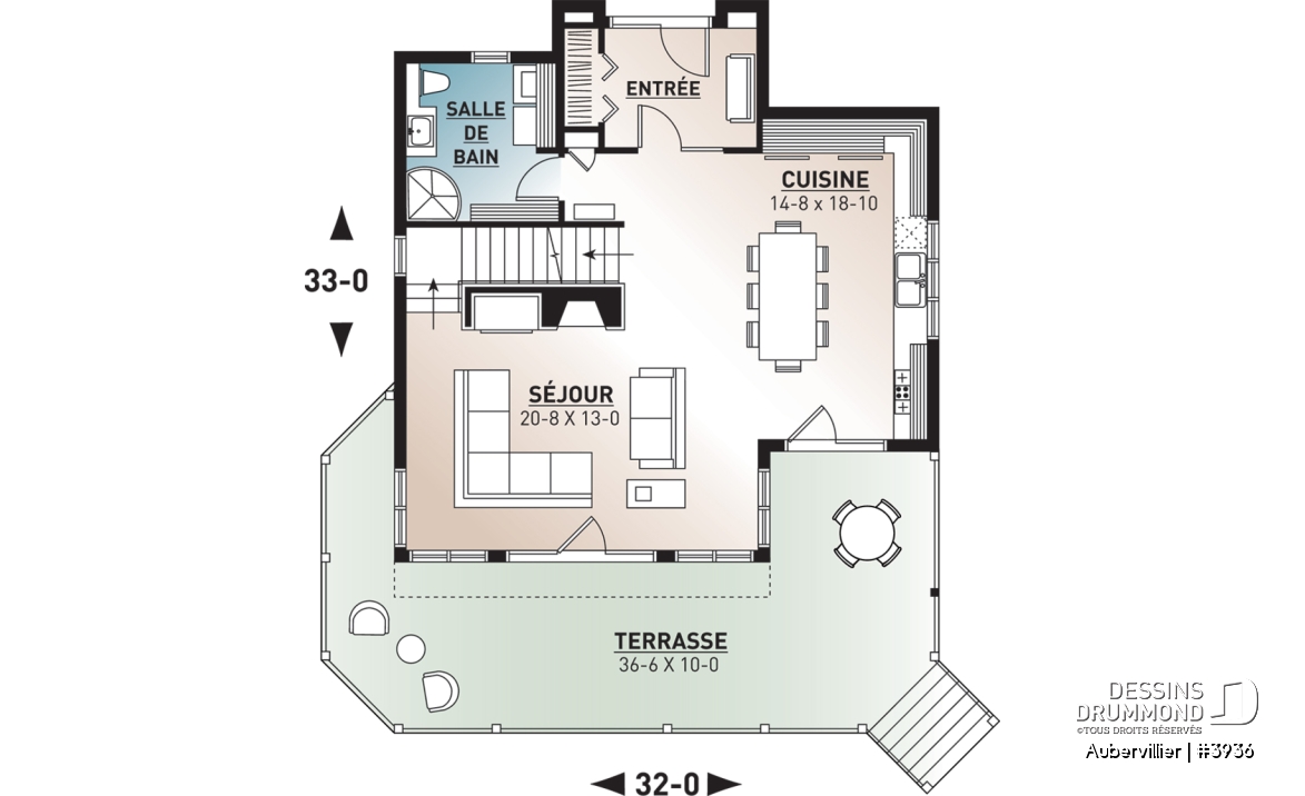 Rez-de-chaussée - Plan de maison bord de l'eau, 3 chambres avec espace ouvert offrant une vue panoramique - Aubervillier