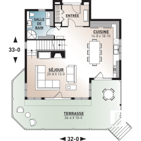 Rez-de-chaussée - Plan de maison bord de l'eau, 3 chambres avec espace ouvert offrant une vue panoramique - Aubervillier