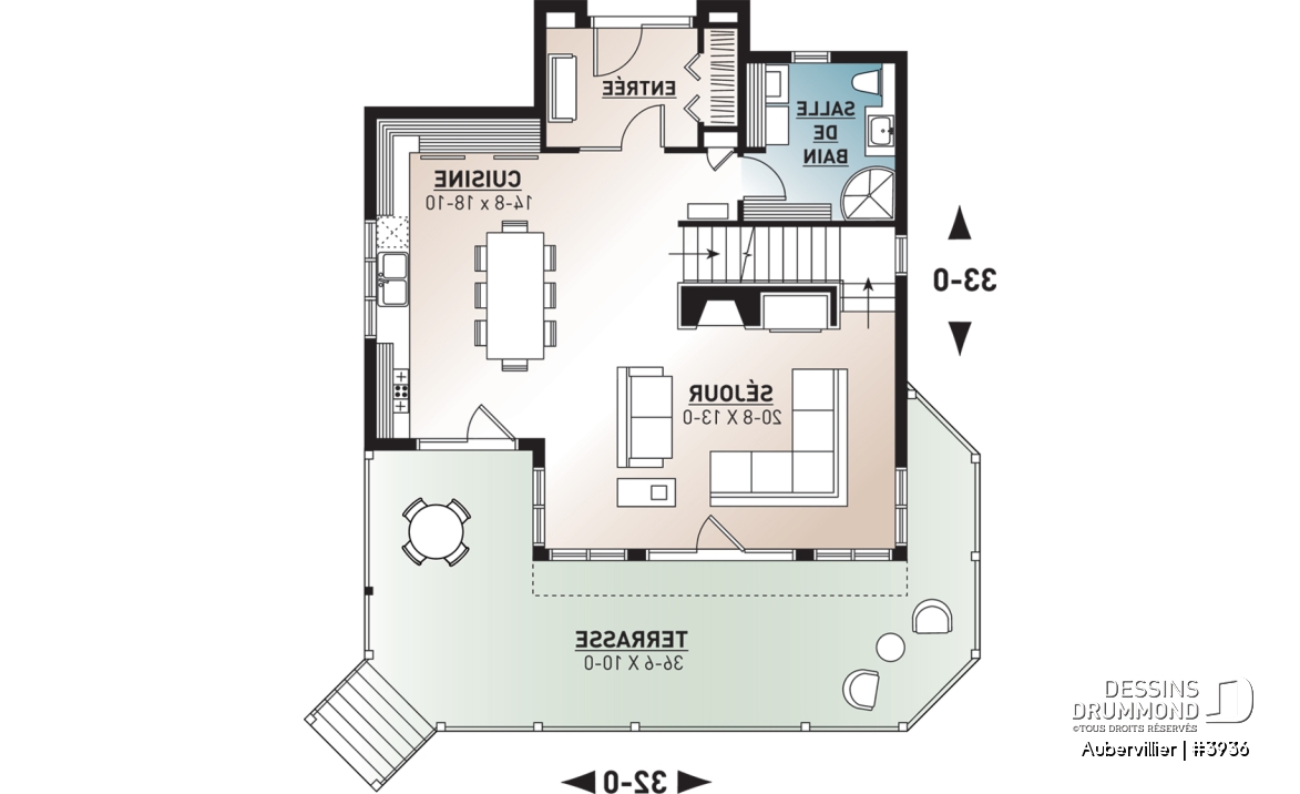 Rez-de-chaussée - Plan de maison bord de l'eau, 3 chambres avec espace ouvert offrant une vue panoramique - Aubervillier