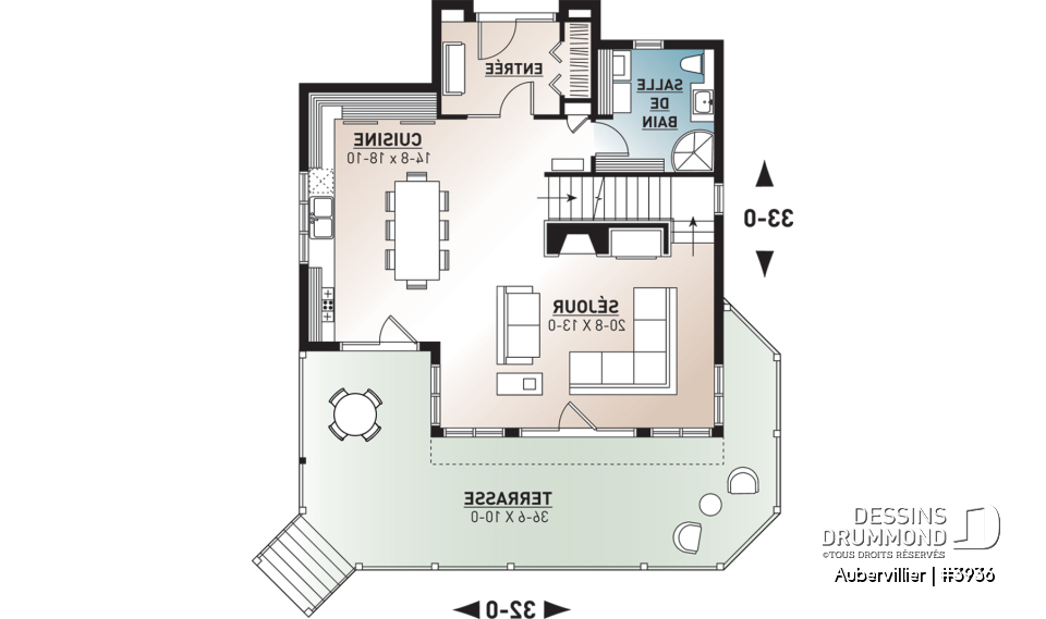 Rez-de-chaussée - Plan de maison bord de l'eau, 3 chambres avec espace ouvert offrant une vue panoramique - Aubervillier