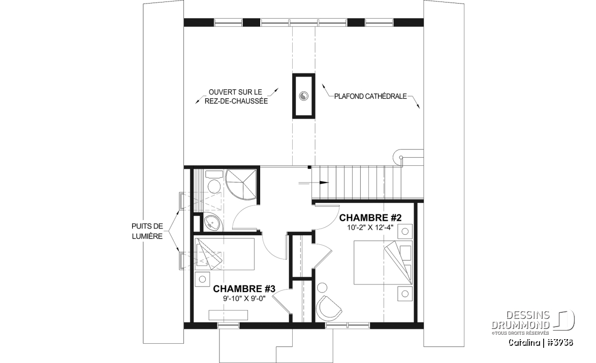 Étage - Plan de chalet de type A-frame ( à toit en A ), superbe luminosité, plancher convivial, mezzanine à l'étage - Catalina