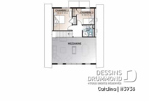 Étage - Plan de chalet 3 chambres forme A, 2 salles de bain, cathédral et mezzanine, foyer, superbe fenestration - Catalina