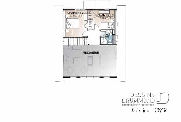 Étage - Plan de chalet 3 chambres forme A, 2 salles de bain, cathédral et mezzanine, foyer, superbe fenestration - Catalina