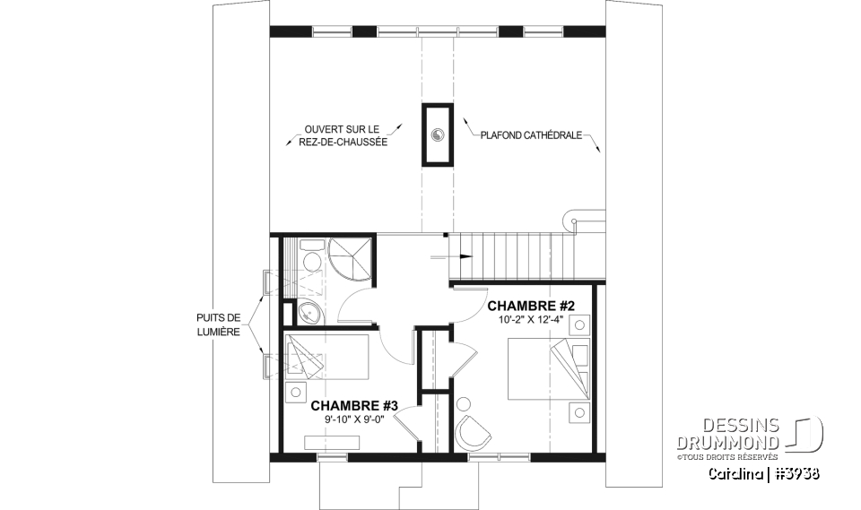 Étage - Plan de chalet de type A-frame ( à toit en A ), superbe luminosité, plancher convivial, mezzanine à l'étage - Catalina