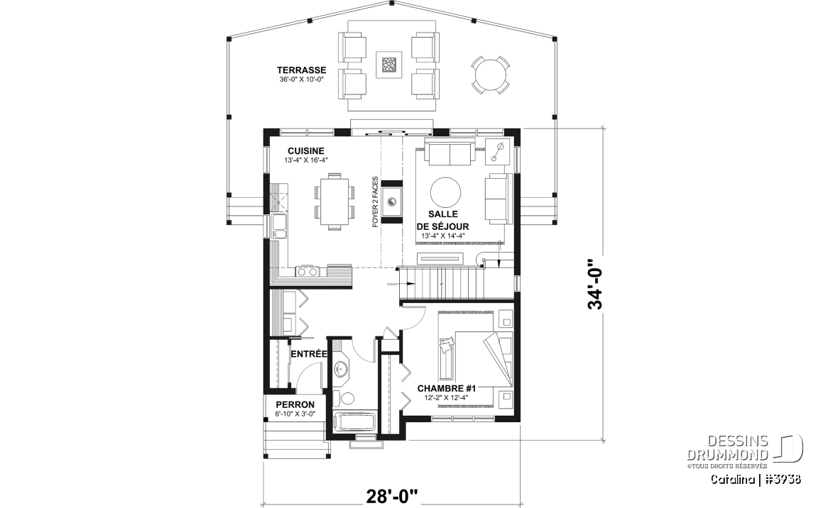 Rez-de-chaussée - Plan de chalet de type A-frame ( à toit en A ), superbe luminosité, plancher convivial, mezzanine à l'étage - Catalina