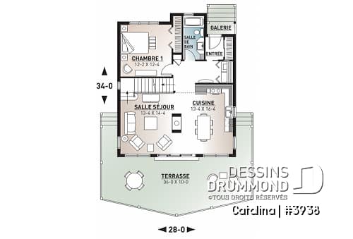Rez-de-chaussée - Plan de chalet 3 chambres forme A, 2 salles de bain, cathédral et mezzanine, foyer, superbe fenestration - Catalina