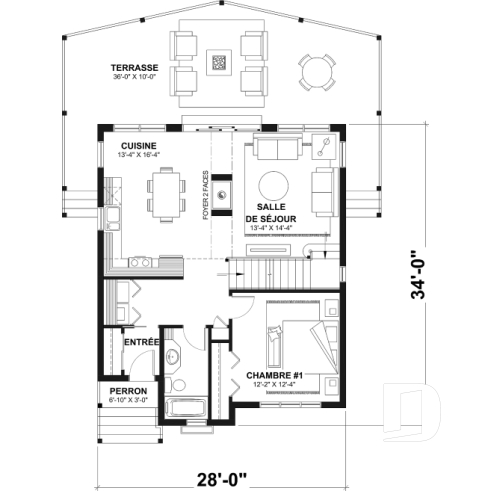 Rez-de-chaussée - Plan de chalet de type A-frame ( à toit en A ), superbe luminosité, plancher convivial, mezzanine à l'étage - Catalina