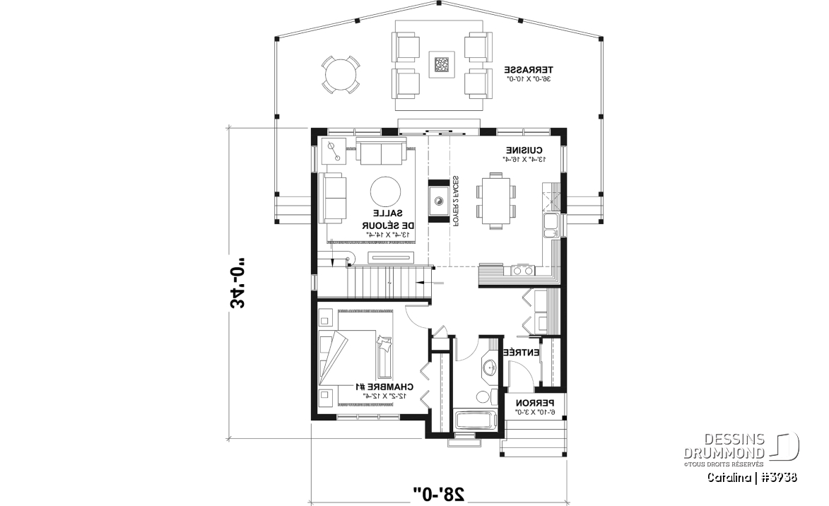 Rez-de-chaussée - Plan de chalet de type A-frame ( à toit en A ), superbe luminosité, plancher convivial, mezzanine à l'étage - Catalina