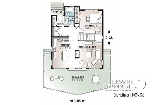 Rez-de-chaussée - Plan de chalet 3 chambres forme A, 2 salles de bain, cathédral et mezzanine, foyer, superbe fenestration - Catalina