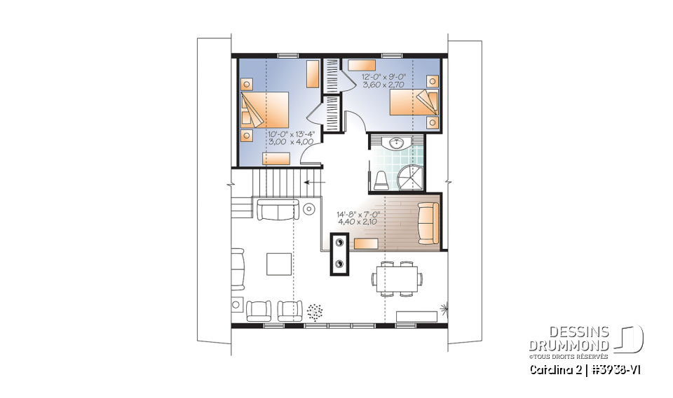 Étage - Plan de chalet 3 à 5 chambres, rez-de-jardin, foyer double, mezzanine, grande buanderie, grande terrasse - Catalina 2