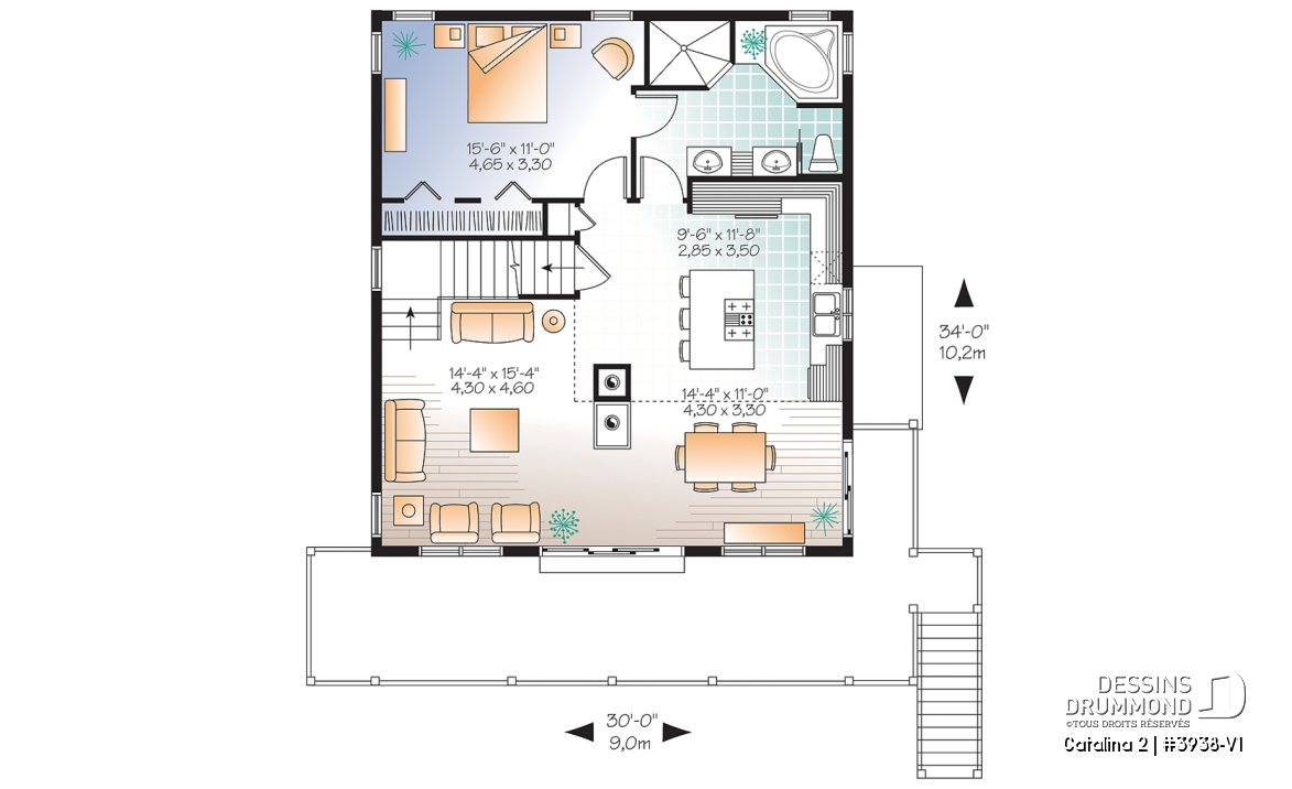 Rez-de-chaussée - Plan de chalet 3 à 5 chambres, rez-de-jardin, foyer double, mezzanine, grande buanderie, grande terrasse - Catalina 2