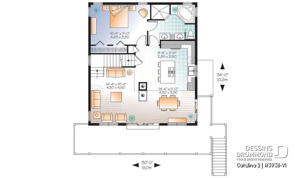 Rez-de-chaussée - Plan de chalet 3 à 5 chambres, rez-de-jardin, foyer double, mezzanine, grande buanderie, grande terrasse - Catalina 2